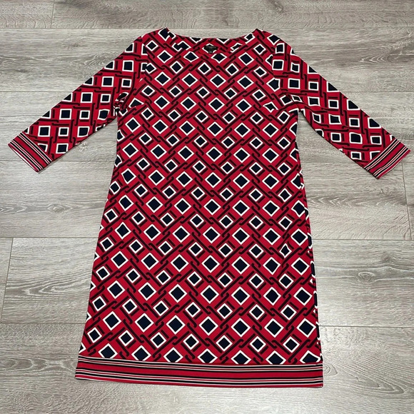 NWOT Talbots Petites 3/4 Sleeve Stretch Shift Dress Red Black White Print LP - Picture 7 of 16